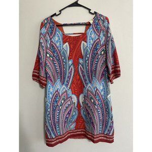 Pink Owl Boho Shift Dress Size Small 3/4 Sleeve Lined